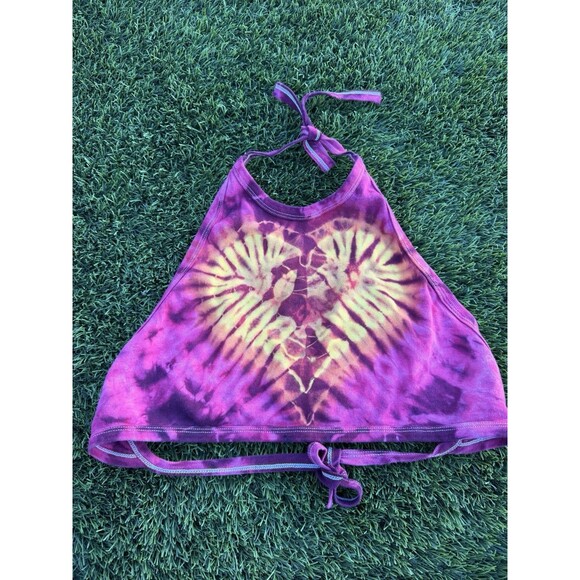 Tie-Dye Tops - Vintage LAT Sportswear Tie Dye Heart Tie Back Halter Top Boho Coachella Earthy